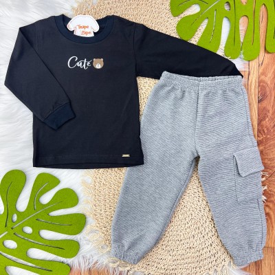 Conj. Blusa Manga Longa Cute Bear e Calça Anarruga com Bolso - Preto e Cinza